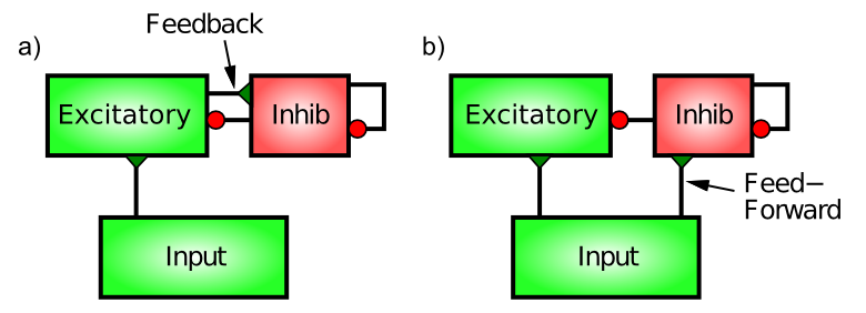 Feedforward and feedback inhibition. Feedback inhibition reacts to the actual level of activity in the excitatory neurons, by directly responding to this activity (much like an air conditioner reacts to excess heat). Feedforward inhibition anticipates the level of excitation of the excitatory neurons by measuring the level of excitatory input they are getting from the Input area. A balance of both types works best.