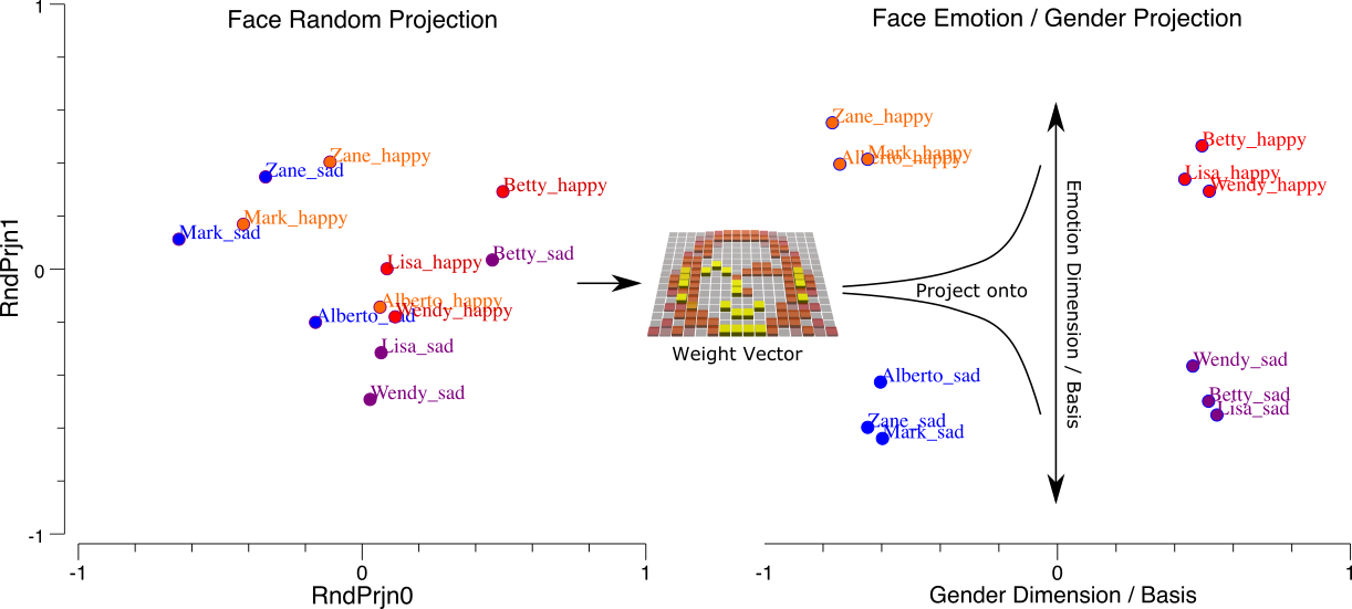 How synaptic weights act to project input patterns along specific dimensions or bases, in this case projecting the inputs along the dimensions of Emotion and Gender. In the left panel, the very high-dimensional face inputs (256 dimensions for a 16x16 image) are projected along two random weight vectors, allowing us to visualize this high-dimensional input space in a 2D plot. In the right panel, the specific synaptic weights trained for discriminating along the emotion vs. gender dimensions have transformed or rotated the input space into a much more systematic and well-organized, low-dimensional space. This is fundamentally what neurons do: organize and transform input patterns along relevant dimensions, and that is another way of stating that neurons detect stimuli along these dimensions.