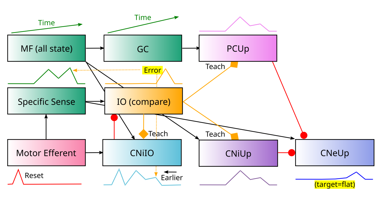 The Nuclear model of adaptive filtering in the upbound (Up) microzones. See prior figure for shared elements, with key differences noted here. The target output in the CNeUp excitatory CN output neurons is flat tonic activity, with deviations reflecting unexpected signals from the Specific Sense input. Unlike the forward model case, the local inhibitory neurons (CNiUp) must learn to inhibit the CNeUP output at the time when subsequent sensory input actually arrives, which is generally delayed by up to 50-100ms from the motor efferent trigger and the anticipatory CNiIO activity. Therefore, the CNiUp neurons learn from the IO error signals to modify their MF inputs to cancel the predicted sensory input that is directly exciting CNeUp. The PCUp Purkinje cell neurons learn to increase firing (LTP) in response to IO climbing fiber complex spikes, to increase inhibitory cancellation of the CNeUp output.